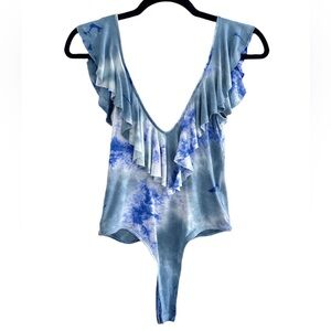 Solemio Blue Tie-Dye V Neck Ruffle Bodysuit - Size Small